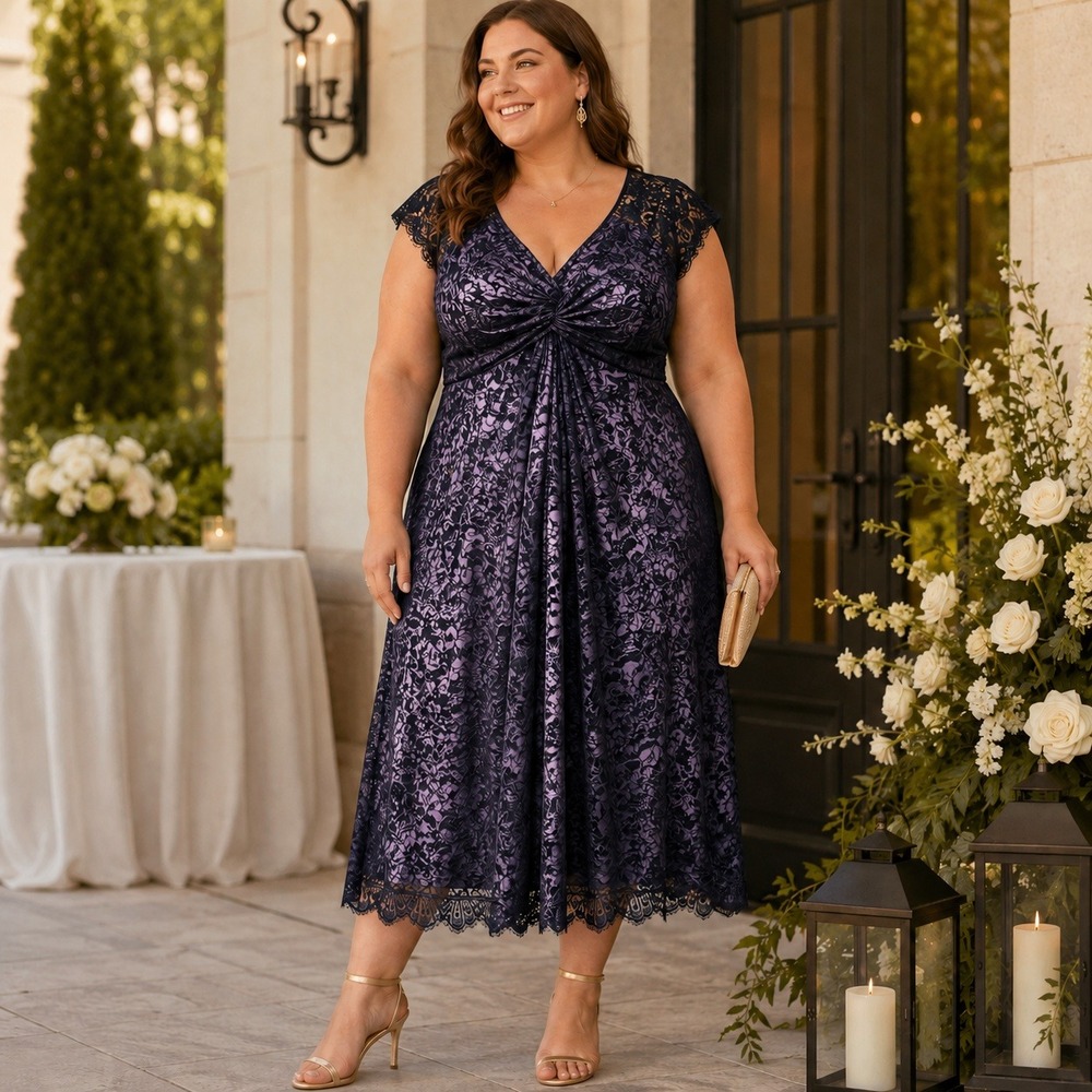 Igigi Lace Cocktail Dress Plus Size 26/28 Purple Black Twist Front Formal Midi